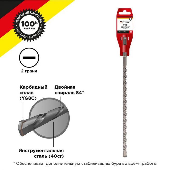 Бур по бетону 14х310мм SDS PLUS Kranz KR-91-0038